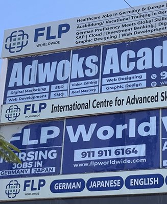 Adwoks Academy building banner featuring Nursing jobs in Germany and Japan along with German French and Japanese language courses